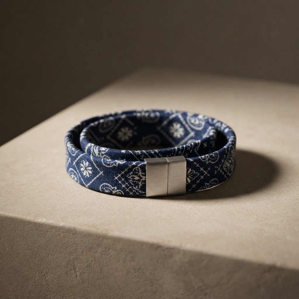 The Baglet Indigo Bandana bracelet photographed in studio