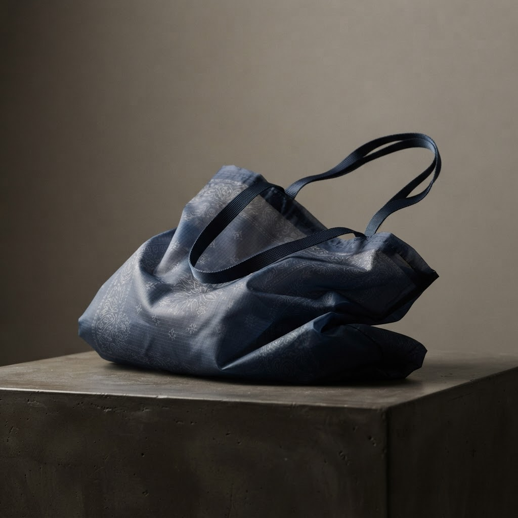 The Baglet unfolded into its ultralight navy bandana bag, photographed in studio