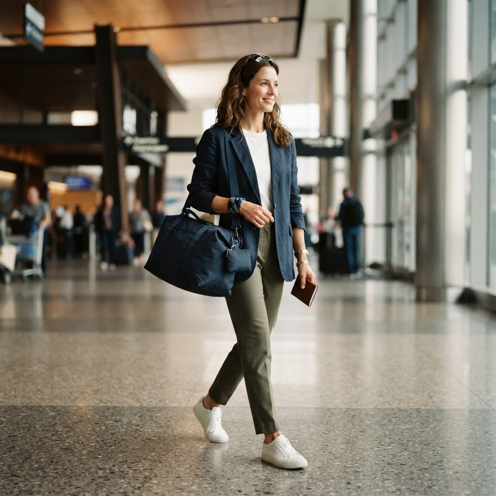 A traveler moving through a modern airport terminal