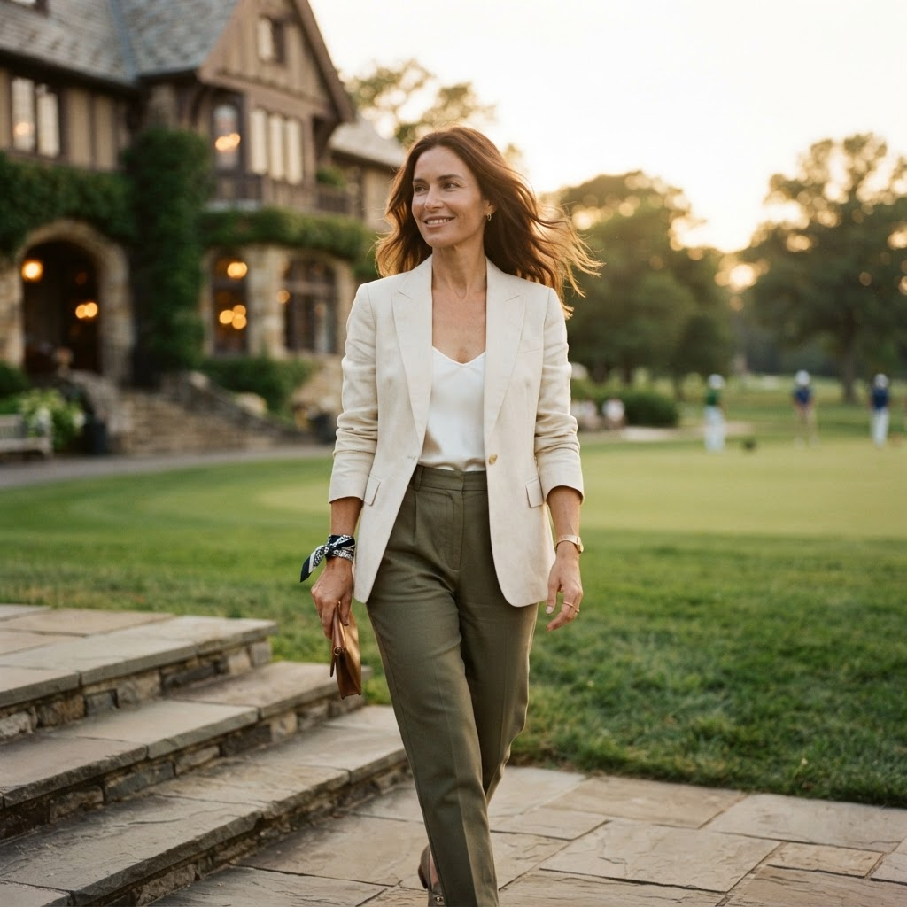 A golfer leaving the clubhouse at golden hour wearing the navy bandana bracelet