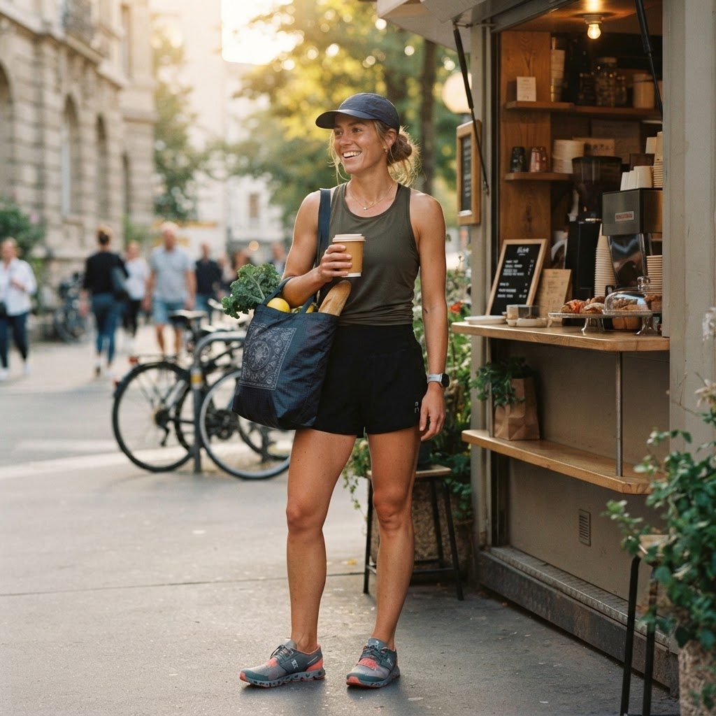 A runner pausing at a coffee kiosk, the bracelet on the wrist