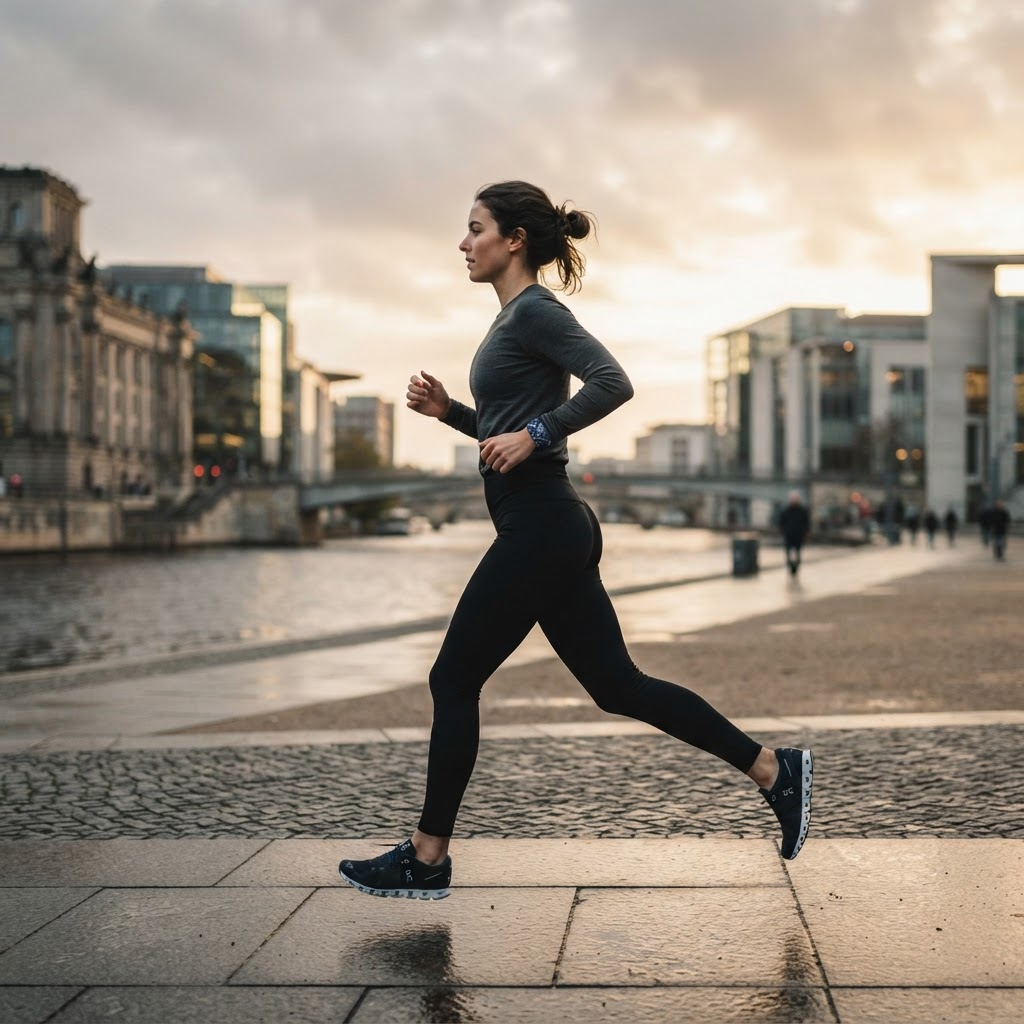 A runner moving through the city at dawn wearing the navy bandana thebaglet bracelet