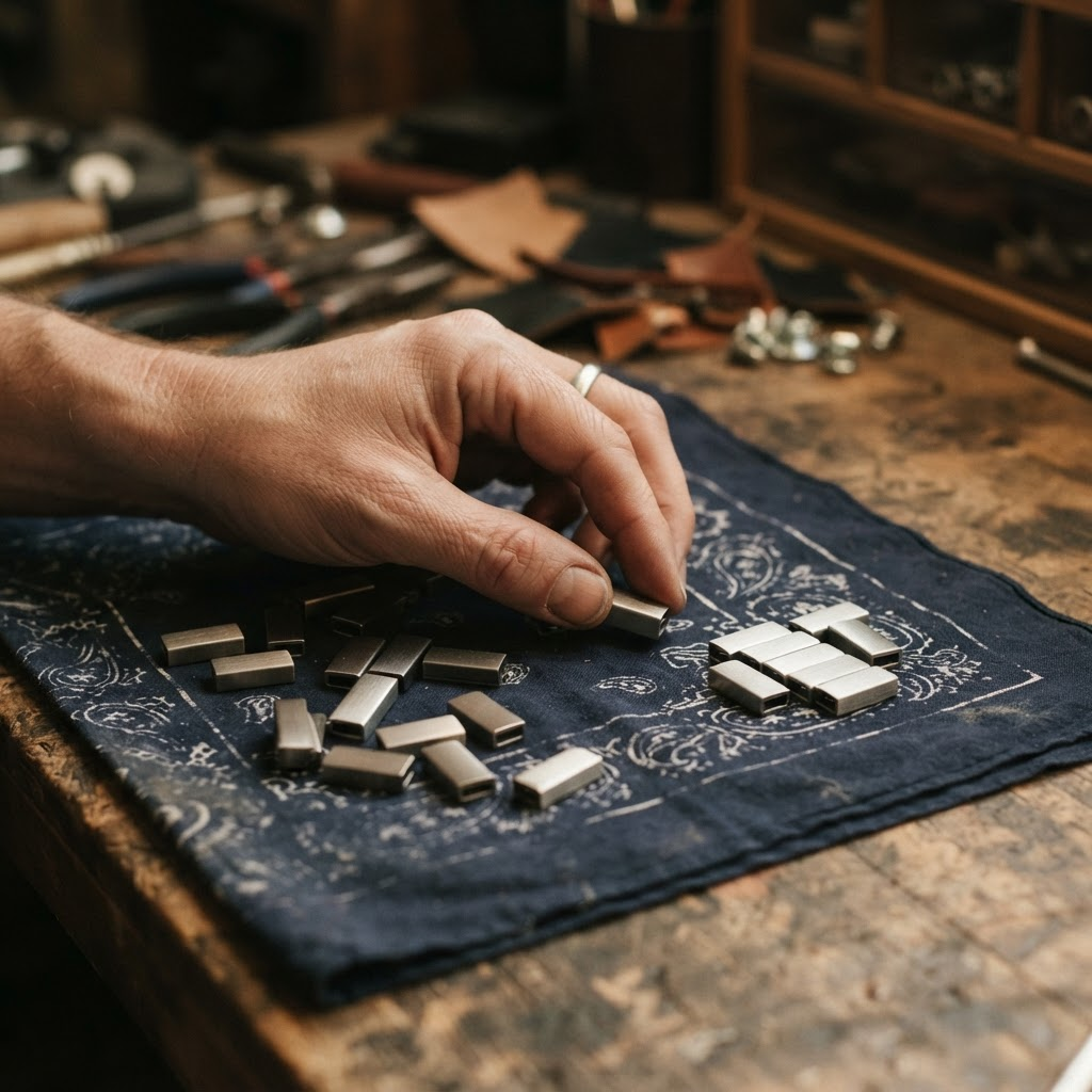 Brushed-steel magnetic clasps sorted by hand on the navy bandana fabric