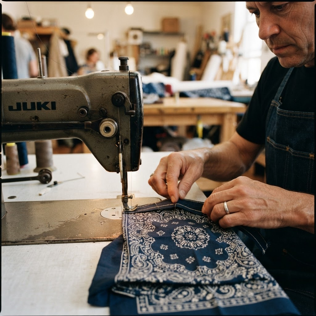 Hands guiding the navy bandana fabric through a sewing machine