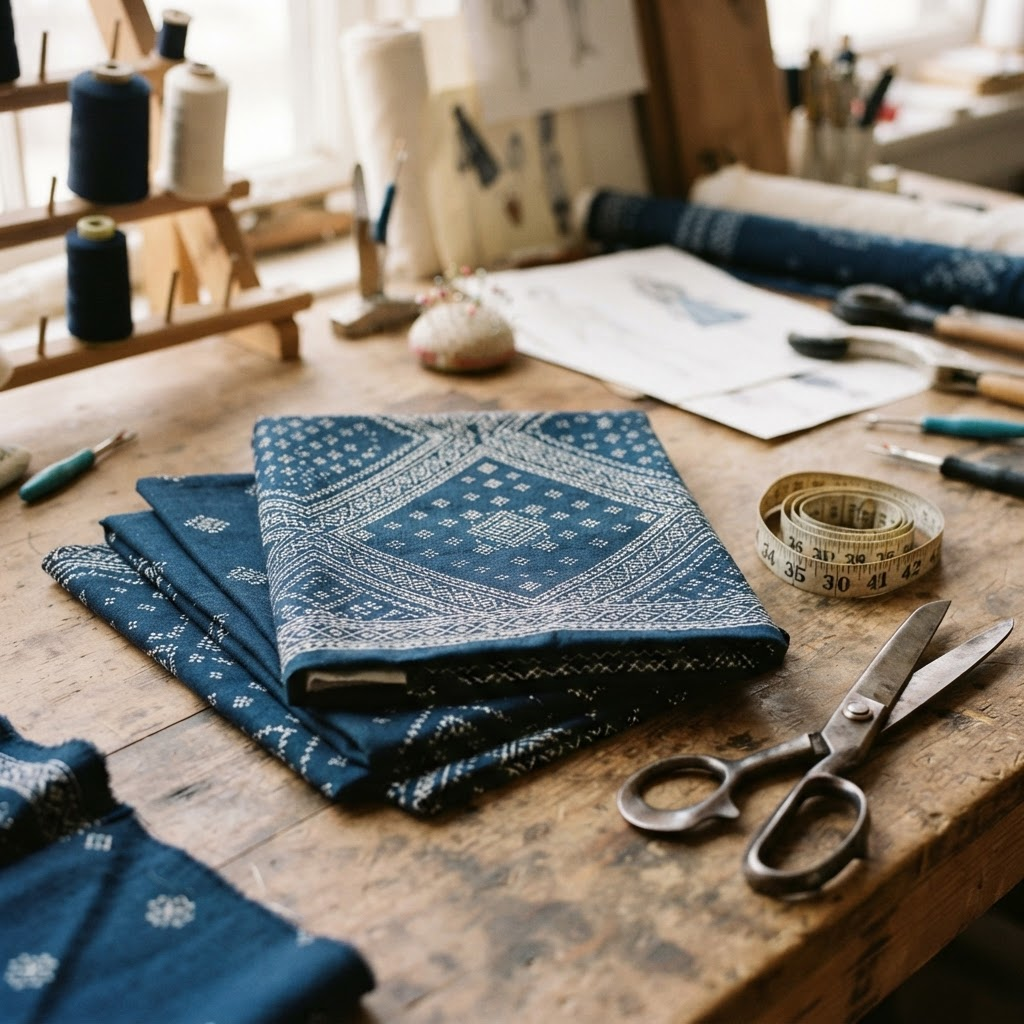 Navy bandana-print fabric swatches laid out on a workbench with a measuring tape and scissors